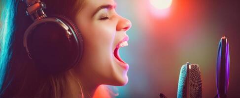 The passionate singer belting out notes in a colorful music studio. photo