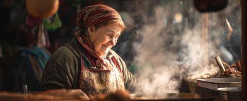 The smiling woman cooking delicious food in a bustling market atmosphere. photo