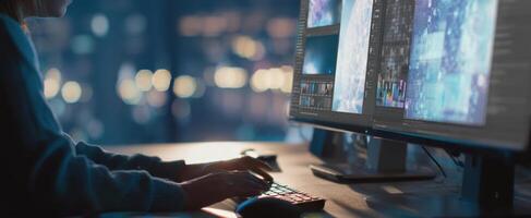 The designer working late with dual monitors in a modern workspace. photo
