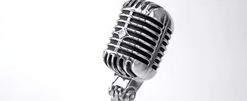 The vintage microphone captured in a sleek, modern setting for audio production. photo