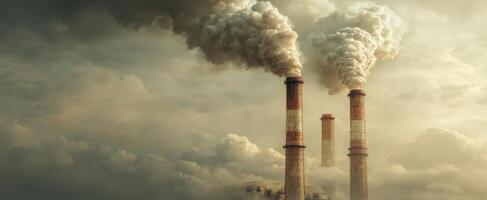 The industrial smokestacks emitting smoke into the overcast sky. photo