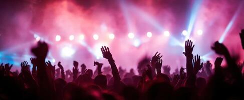 The energetic crowd celebrating at a vibrant concert with colorful lights. photo