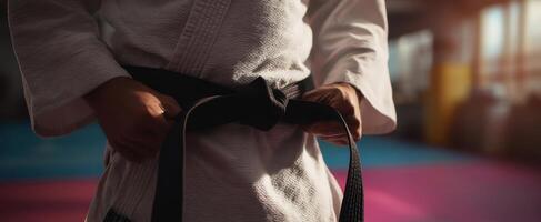 The Dedicated Athlete Prepares for Training in a Judo Dojo photo