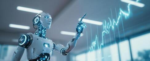 The futuristic robot interacting with advanced data visualization in a modern workspace. photo
