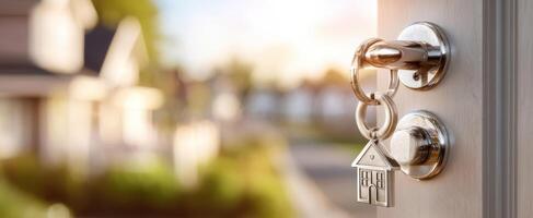 The key hanging from the door lock symbolizing homeownership and new beginnings. photo