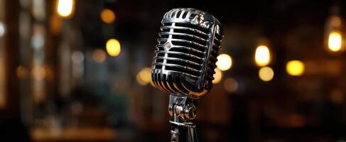 The vintage microphone standing beautifully in a dimly lit venue. photo