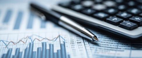 The calculator and pen on financial analysis documents showcasing business insights. photo