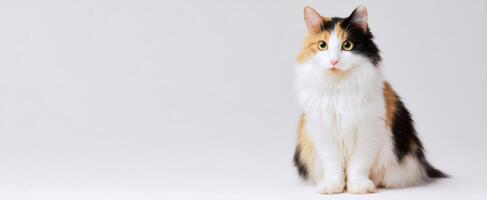 The adorable calico cat sitting gracefully against a light background photo