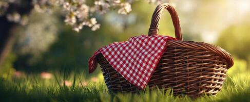 The wicker picnic basket set on green grass beneath sunlight. photo