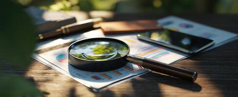 The magnifying glass resting on business charts and smartphone in natural setting. photo
