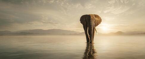 The majestic elephant standing gracefully in serene waters during a breathtaking sunrise. photo