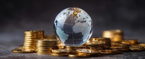The globe surrounded by shining gold coins reflecting financial prosperity and growth. photo
