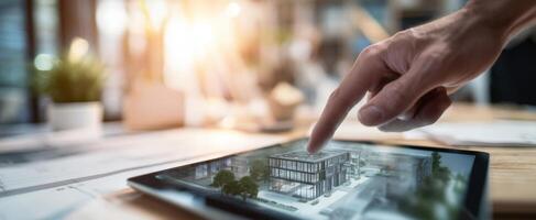 The tablet displaying an architectural model in a modern workspace. photo