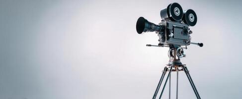 The vintage film camera standing tall on a tripod in a studio setting. photo