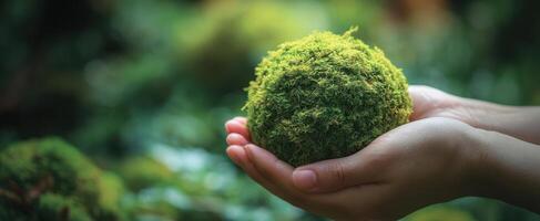 The Hands Holding a Vibrant Moss Ball in a Forest Setting photo