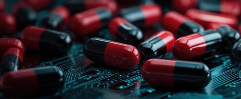 The striking contrast of red and black capsules on a digital circuit board. photo