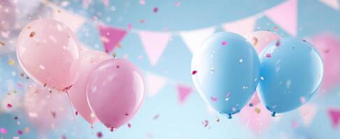 The colorful balloons floating in a joyful celebration atmosphere with confetti. photo