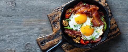 The delicious skillet of fried eggs and crispy bacon served for breakfast. photo