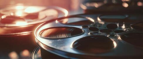 The vintage film reel glowing softly in warm light. photo