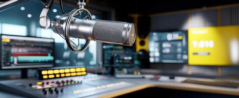 The microphone in a modern radio broadcasting studio setup. photo