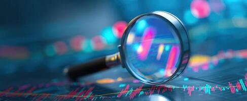 The magnifying glass focusing on vibrant financial data and analytics. photo