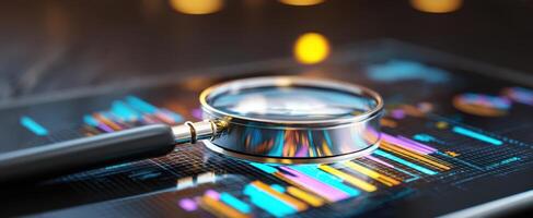 The magnifying glass examining data and analytics on a digital tablet screen. photo