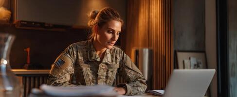 The soldier working on a laptop in a cozy home office setting. photo