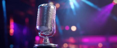 The vintage microphone shining under colorful stage lights in a vibrant atmosphere. photo