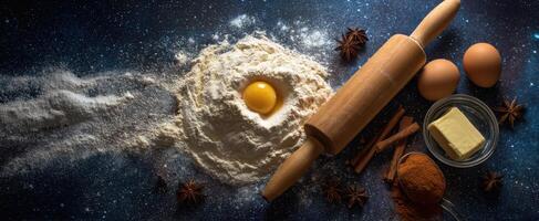 The Floury Scene of Baking Ingredients with Rolling Pin and Eggs photo