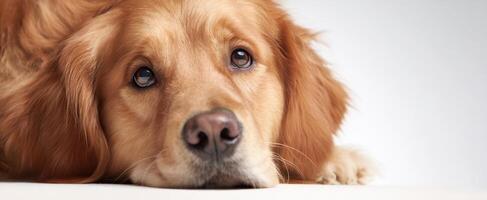 The golden retriever with expressive eyes resting peacefully on a surface. photo