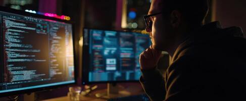 The programmer analyzing code on dual screens in a dark office setting photo