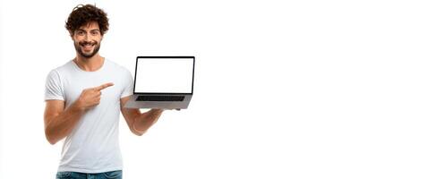 The smiling man showcasing a laptop with a blank screen against a white background. photo