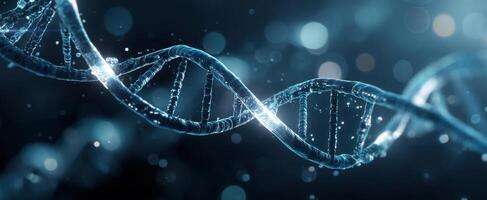 The intricate structure of a DNA helix shimmering in a dark background. photo