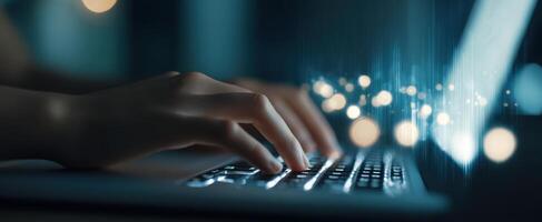 The mesmerizing interaction of hands on a glowing keyboard in a digital workspace. photo