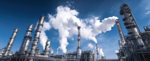 The industrial refinery showcasing smokestacks and emissions against a blue sky. photo