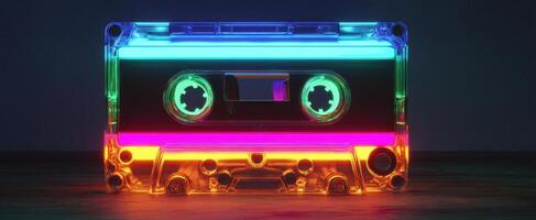 The vibrant neon cassette tape glowing in a stylish retro atmosphere. photo