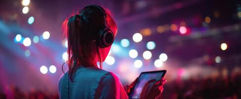 The young woman enjoying music at a vibrant concert with headphones and tablet. photo