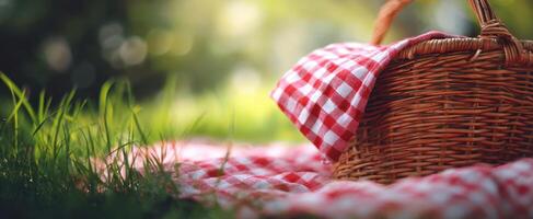 The inviting picnic basket resting on a checkered blanket in the sunlit grass. photo
