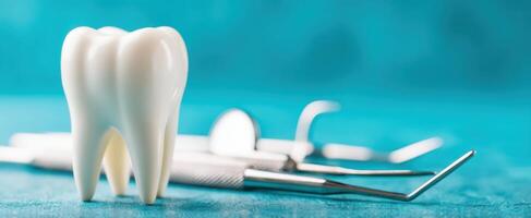 The dental tool setup with a prominent tooth model on a blue background. photo