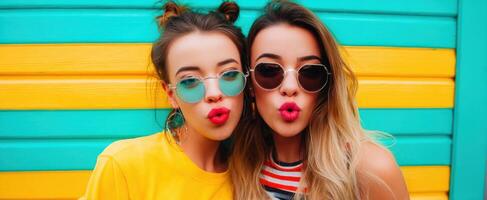 The stylish friends posing in vibrant sunglasses against a colorful backdrop. photo