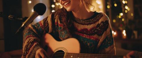 The woman playing guitar and singing joyfully in a cozy atmosphere. photo