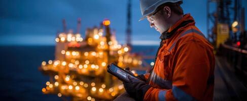 The worker examining data on a tablet near an illuminated offshore oil platform. photo