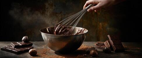 The whisking of rich chocolate batter in a stainless steel bowl. photo