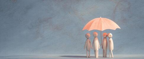 The figures seeking shelter together under a pink umbrella in unity. photo