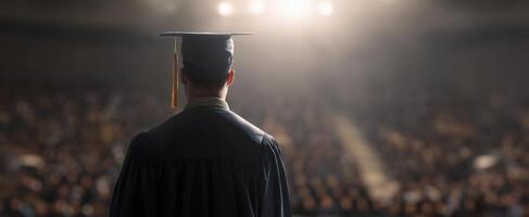 The graduate standing proudly before an enthusiastic audience at a graduation ceremony. photo