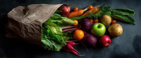 The vibrant assortment of fresh vegetables spilling from a paper bag. photo