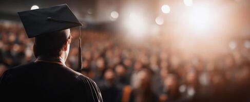 The graduate stands before a proud audience in a moment of celebration. photo