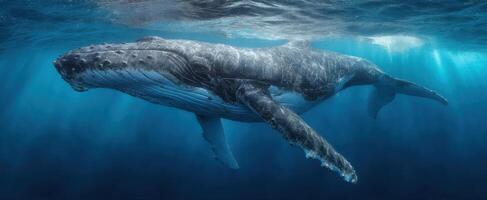 The majestic humpback whale gracefully swims through the serene ocean waters. photo