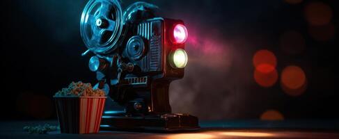 The vintage film projector with popcorn and colorful lights in a cozy setting photo