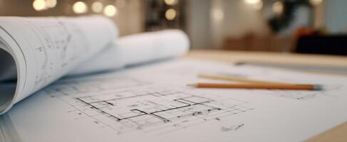 The architectural blueprint showcasing detailed design plans on a workspace. photo